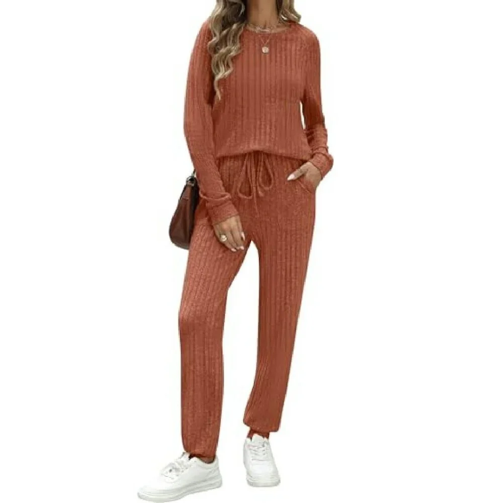 Ribbed Knit Lounge Set Long Sleeve Pajama Jogger Sweatsuit